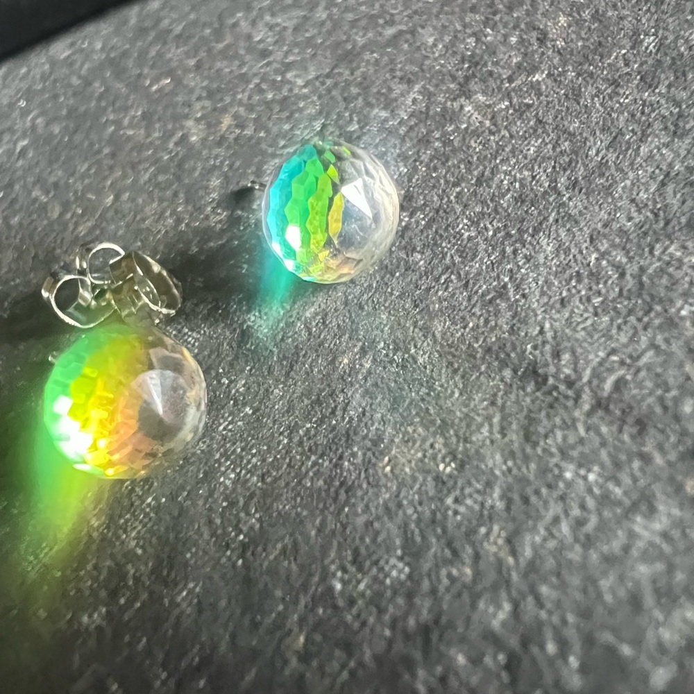 Hallmarked 925 Crystal Faceted Ball Stud Earrings in Green Iridescent.